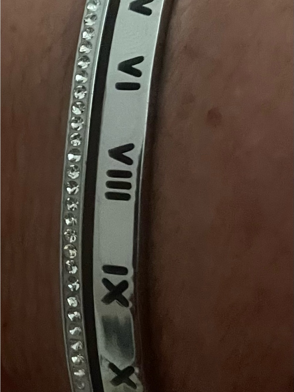 Women Silver Stainless Steel Roman Numeral and Crystal Bangle Bracelet